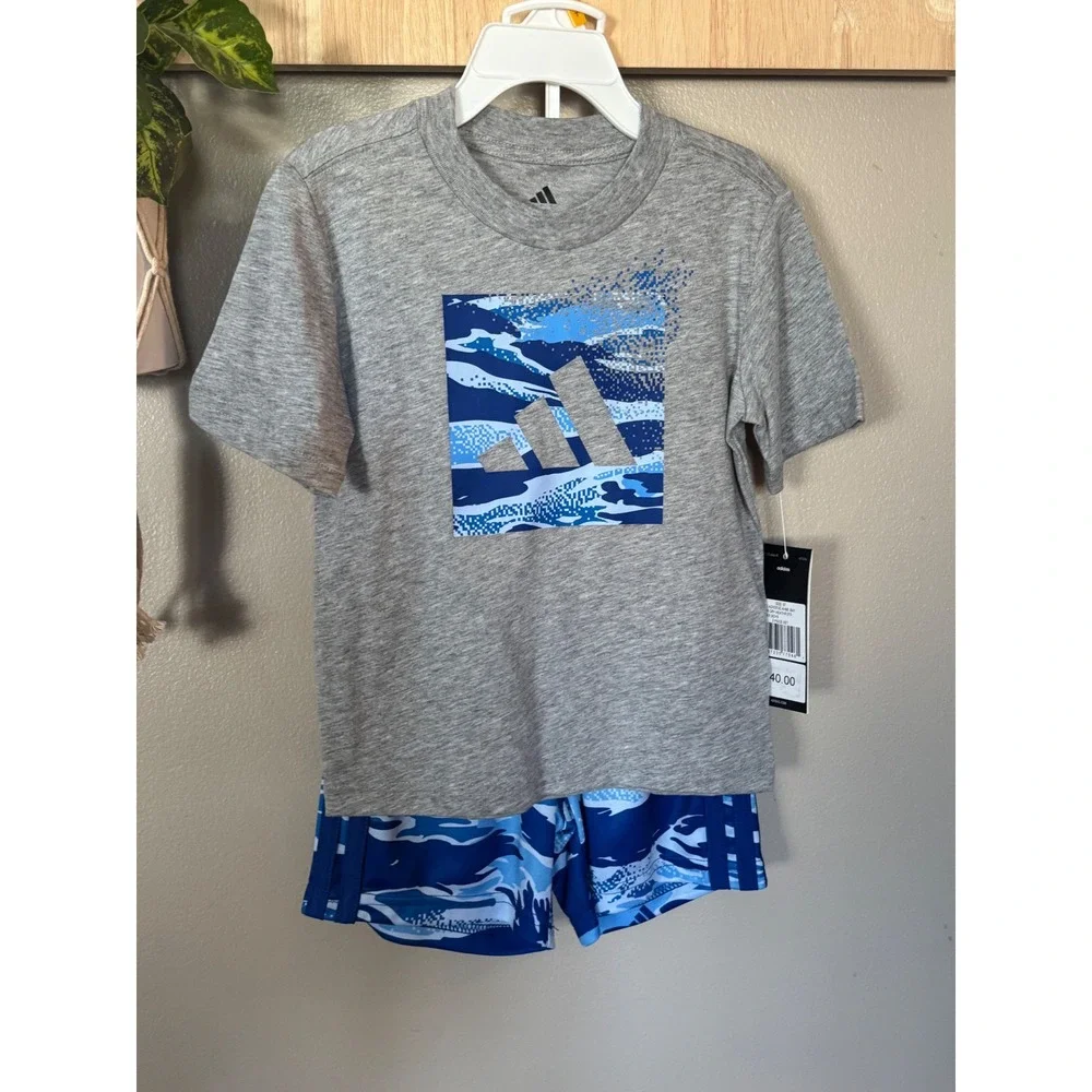 Adidas Boys 2 Piece Set Grey Heather Blue Camo Graphic Tee Shorts 3T AG10313C